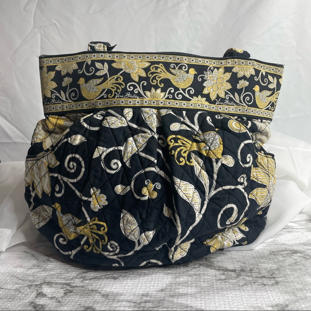 Retired Vera Bradley Black Yellow Bird Floral Quilted Shoulder Bag